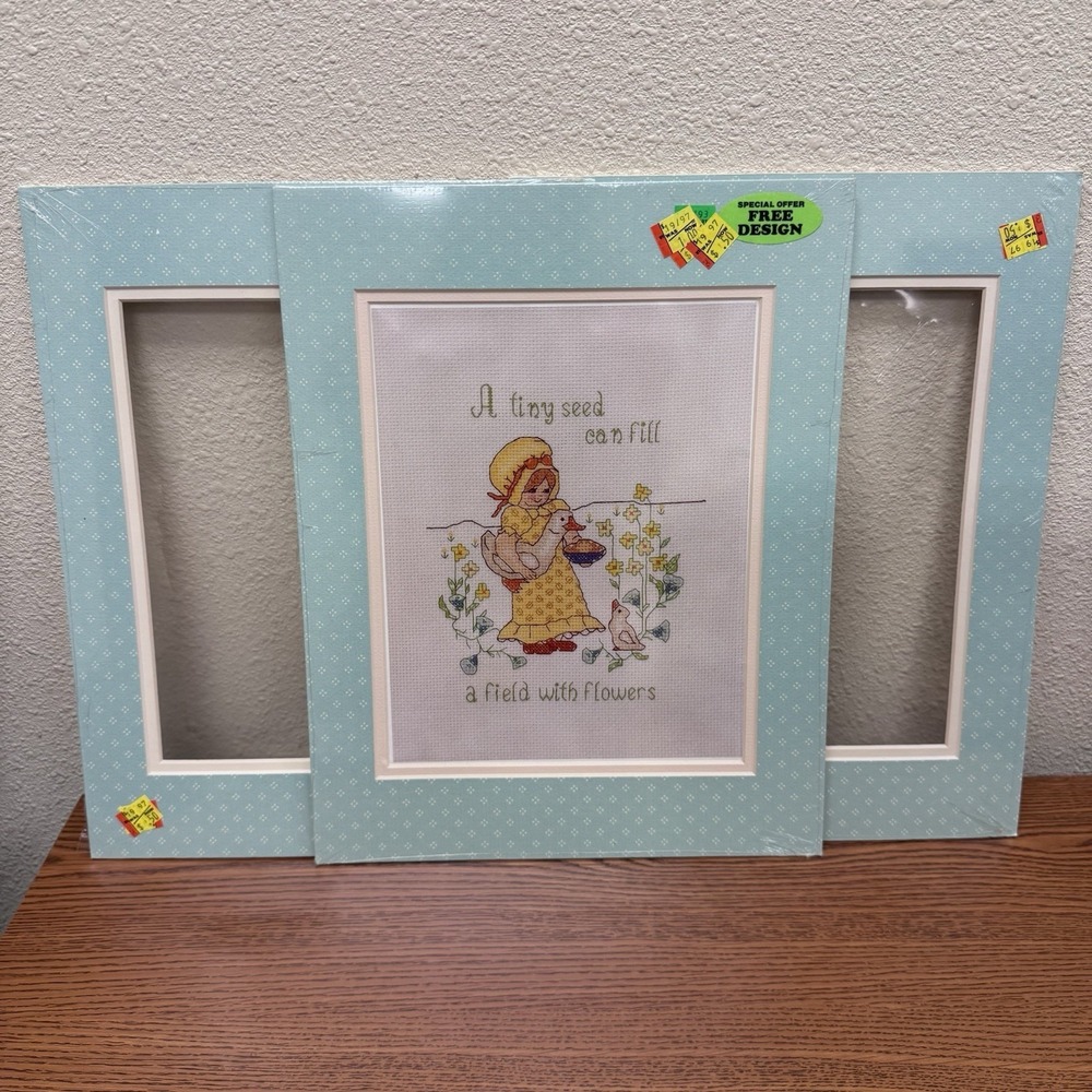 3 Piece Prime Arts Teal Cottagecore Photo Mat Set With Cross Stitch Pattern